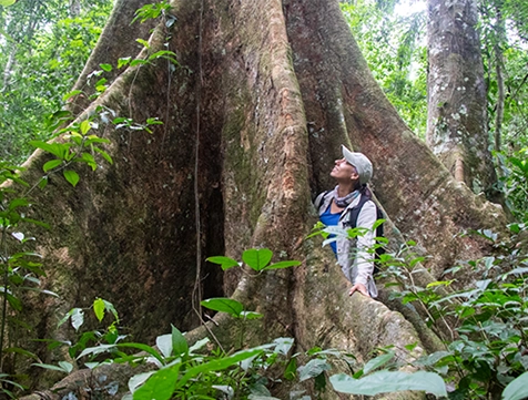 Tatiana Espinosa con un gran árbol en el bosque de ARBIO